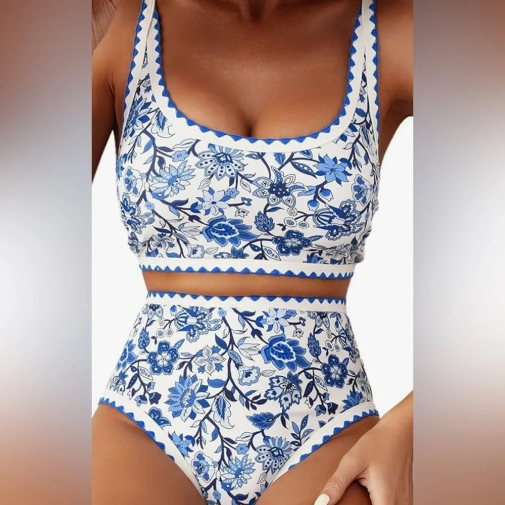 Women’s Bikini Blue Floral Whip Stitch 2 Piece
High Waisted Scoop Bathing Suits - Picture 3 of 9